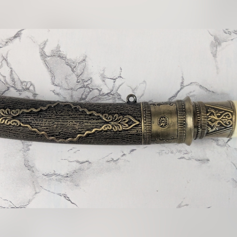 Oriental Looking Knife With Blade Sheath Vintage Marble Looking Handle 9" - Picture 3 of 13